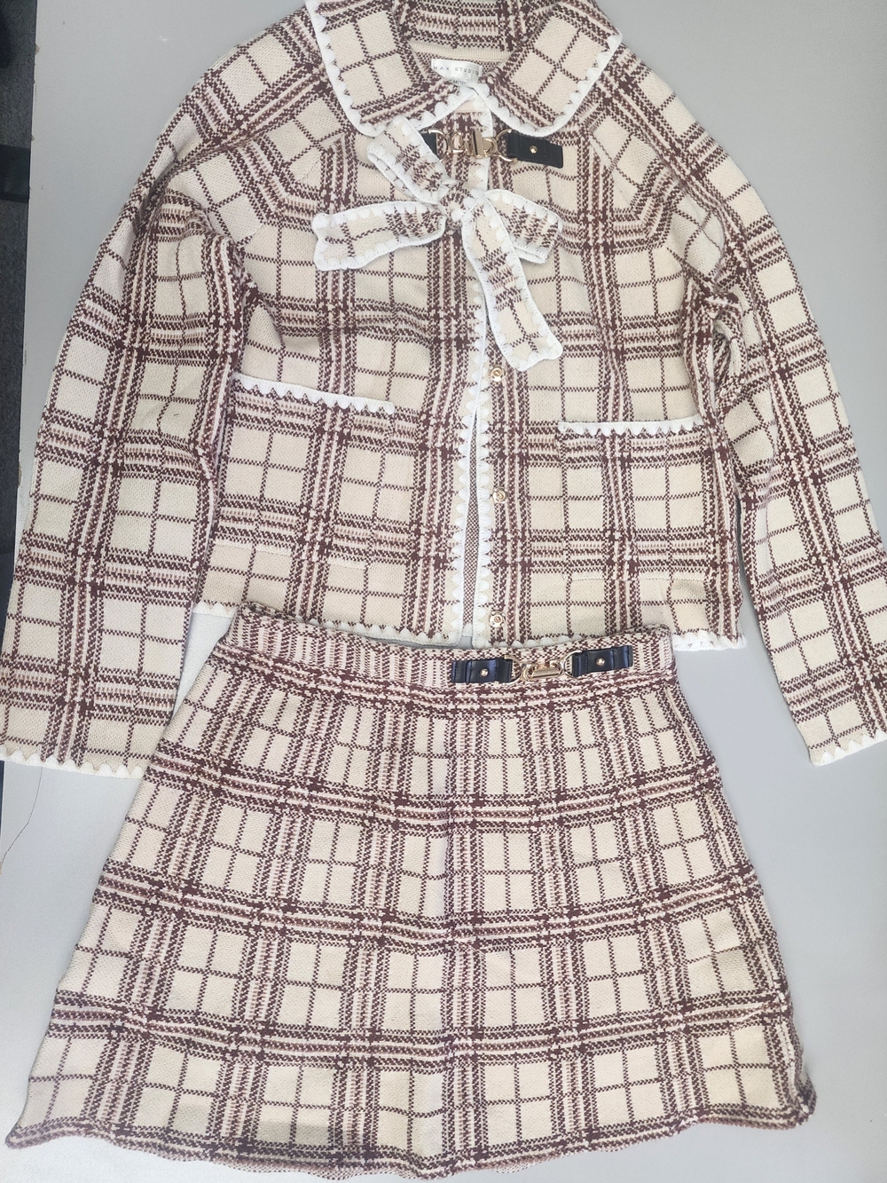 Max Studio Cream and Brown Plaid Knit Jacket & Skirt Set